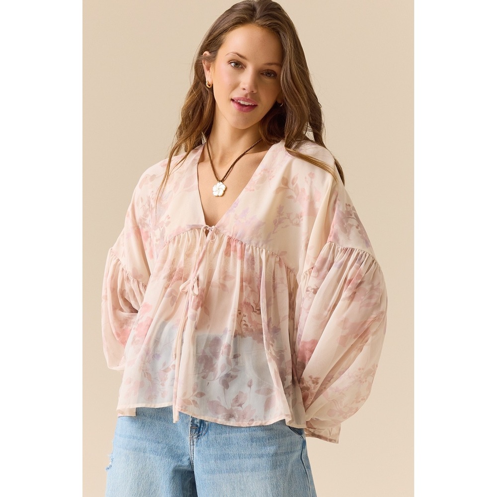 Altar'd State Floral Babydoll Blouse V-Neck Balloon Sleeve‎ Size Large